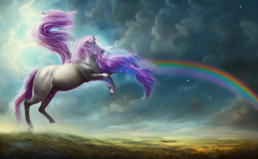 Prompt: an oil painting of a unicorn walking on an rainbow in space, masterpiece, highly detailed, high quality, 4K, anatomically correct, hyperrealistic, concept art, octane render, unreal engine 5, trending on Artstation, trending on DeviantArt, matte, historical painting, fantasy style, path traced, high coherence, soft lighting, digital painting, mythical