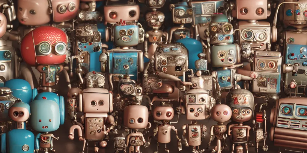 Image similar to closeup portrait of tin toy retro living room of robot family, depth of field, zeiss lens, detailed, centered, fashion photoshoot, by nicoletta ceccoli, mark ryden, lostfish, breathtaking, 8 k resolution, extremely detailed, beautiful, establishing shot, artistic, hyperrealistic, octane render, - h 8 0 4