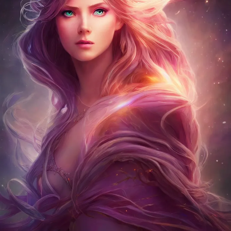 Image similar to beautiful cinematic fantasy poster, a beautiful princess like a disney princess hybrid with flowing illuminated hair, beautiful glowing galaxy eyes, wideshot ultrawide angle epic scale, hybrid from The Elden Ring and art direction by Darius Zawadzki ;by artgerm; wayne reynolds art station; cinematic quality character render; low angle; ultra high quality model; production quality cinema model;