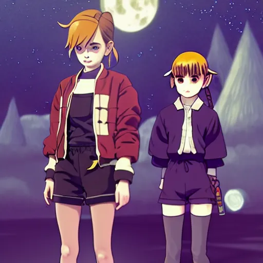 Image similar to beautiful boyish emma watson in majora's mask, wearing oversized mayan bomber jacket with overalls and leotard, bulky poofy bomber jacket with mayan patterns, aztec street fashion, gapmoe yandere grimdark, trending on pixiv fanbox, painted by greg rutkowski makoto shinkai takashi takeuchi studio ghibli, akihiko yoshida