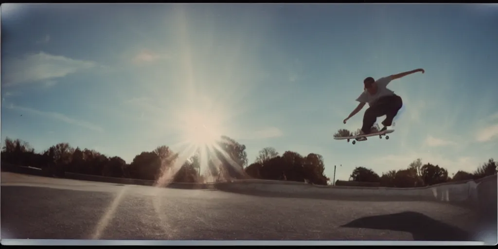 Prompt: analog polaroid photograph of a skateboarder doing an ollie, azure sky, big clouds visible, sunlight, reflection, sparkles, lensflare, film grain, depth of field, color bleed