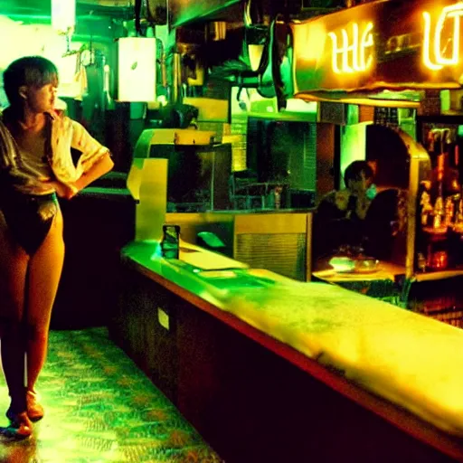 Prompt: a cyborg girl leaning against the counter in a night club staring at the camera, a photograph by Aki Kaurismäki and Christopher Doyle.