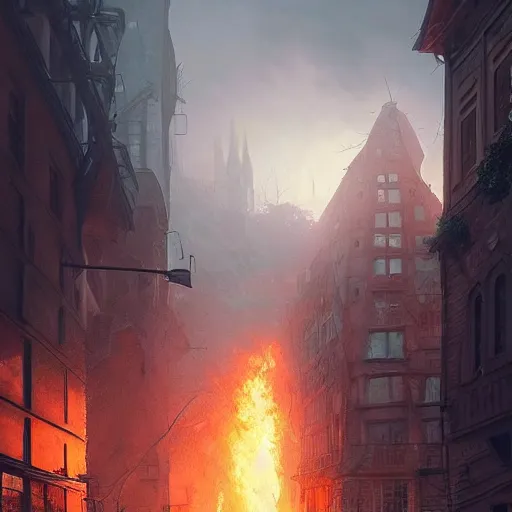 Image similar to city of munich destroyed by a meteor!!!, rubble!!, fires!! hyperrealistic, highly detailed, cinematic, foggy light from fires, beautiful, cgssociety, artstation, 8 k, oil painting by greg rutkowski, by artgerm, by wlop