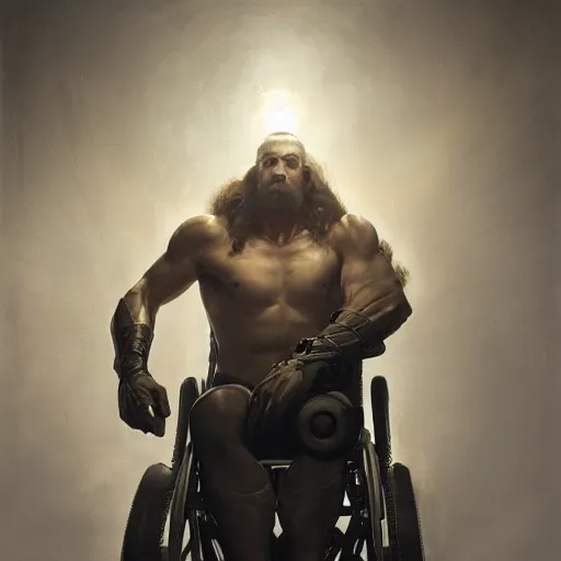 Image similar to handsome portrait of a wheelchair guy fitness posing, radiant light, caustics, heroic, smooth, one legged amputee, gehrnan, translucence, by gaston bussiere, bayard wu, greg rutkowski, giger, maxim verehin