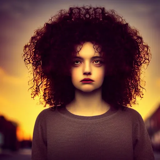 Prompt: a girl with curly blown hair standing in the streets at dusk, symmetrical face, focused, beautiful, vfx, photo realistic, 8 k, aesthetic, black clothes