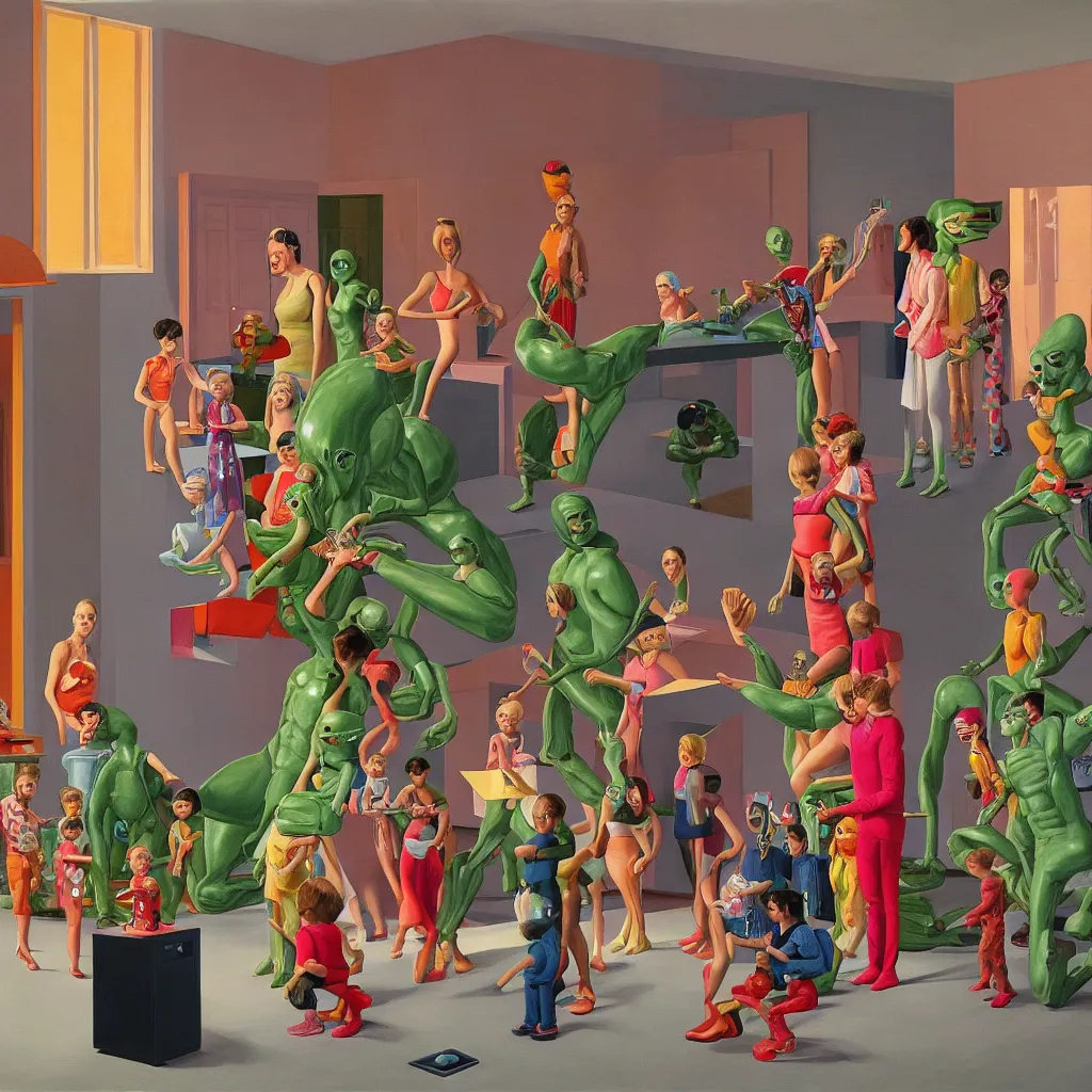 Prompt: painting of a gucci costumed family being shown how to open magic portals by a large glowing alien in their suburban living room maze, designed by gucci and wes anderson, energetic glowing orbs in the air, in the style of edward hopper, james jean, and mc. escher