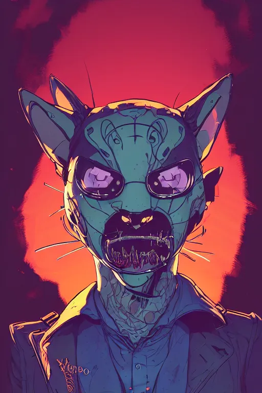 Image similar to a study of cell shaded portrait of a cat as a borderlands 3 character, llustration, post grunge, evil vibe, concept art by josan gonzales and wlop, by james jean, Victo ngai, David Rubín, Mike Mignola, Laurie Greasley, highly detailed, sharp focus, alien, Trending on Artstation, HQ, deviantart, art by artgem