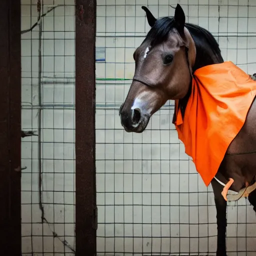 Image similar to horse with orange inmate clothes, in a jail