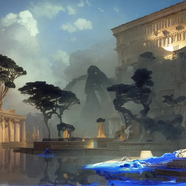 Prompt: gardens of marble draped in flowing sheets of cobalt blue satin and silver satin, by ivan aivazovsky and syd mead and moebius and joseph wright and roger dean and pieter claesz and paul delaroche and alma tadema and august malmstrom and caspar david friedrich and joseph wright and aelbert cuyp, hyperrealistic, volumetric light, octane render