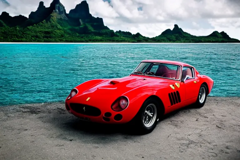 Image similar to cinematography of Ferrari 250 GTO series 2 in bora bora by Emmanuel Lubezki