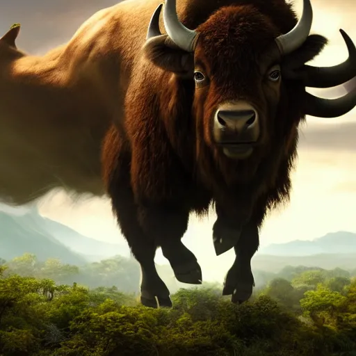 Image similar to a photograph of appa, the flying bison in the sky. live action still from avatar the last airbender ( 2 0 2 5 ). color harmony, 8 k detail, gallery quality, hd wallpaper, premium prints available.