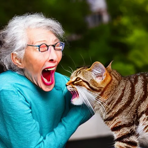 Image similar to an old woman opening her mouth wide and a cat jumping into it