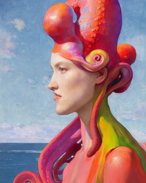 Image similar to a beautiful girl wearing a colourful octopus as a hat, painted by edgar maxence, edward hopper, wayne barlowe and james gilleard, airbrush, art by jamesjean