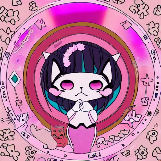 Image similar to digital card art of anime (cat) girl with cat ears surrounded by magic circles. Pink hue. Highly detailed. Beautiful