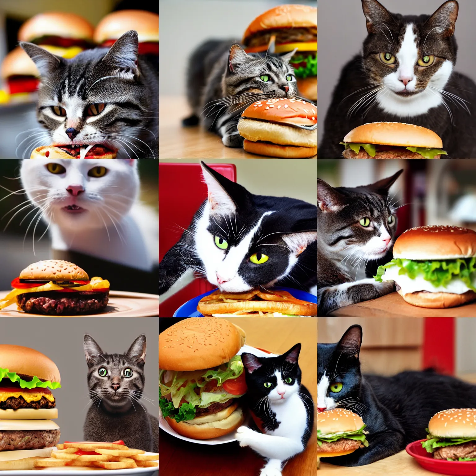 Prompt: a cat eating hamburger