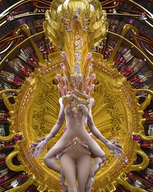 Prompt: a highly detailed metahuman 4 k close up render of a nataraja bella hadid monument renaissance in iris van herpen dress schiaparelli in diamonds crystals swarovski and jewelry iridescent in style of alphonse mucha gustav klimt trending on artstation made in unreal engine 4