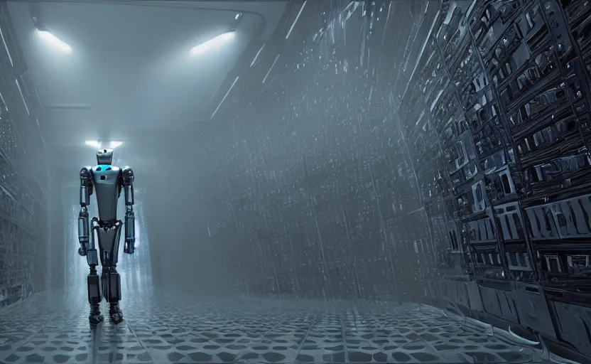 Image similar to extremely detailed cinematic movie still 3 0 7 7 foggy portrait shot of a robot in an endless data centre by denis villeneuve, wayne barlowe, simon birch, marc simonetti, philippe druillet, beeple, bright volumetric sunlight from small windows, rich moody colors, closeup