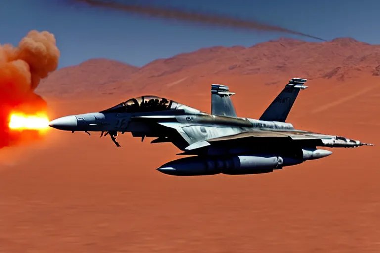 Prompt: a gritty hyperdetailed photorealistic f - 1 8 hornet ground attack aircraft shooting a missile at a small group of vehicles in the desert, volumemetric lighting, cinematic framing, cinematatic lighting, cinematic shadows, in the style of top gun maverick