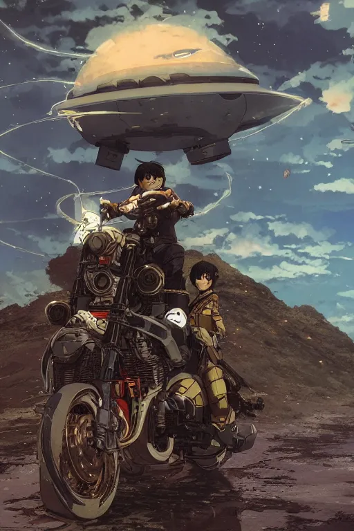 Image similar to akira riding a futuristic motorcycle on an abandonment planet, high intricate details, rule of thirds, golden ratio, cinematic light, 8 k, octane render, anime style, graphic novel by fiona staples and dustin nguyen, art by beaststars and orange, peter elson, alan bean, studio ghibli, makoto shinkai