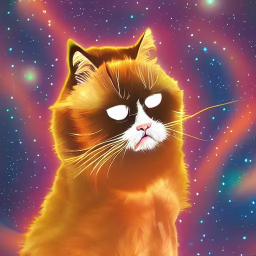 Image similar to A grumpy cat sitting on the top of planet earth in space, digital art