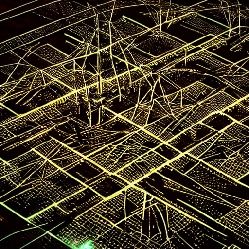 Prompt: photo of a intricate pattern power grid city at night birds eye view inception cinematic