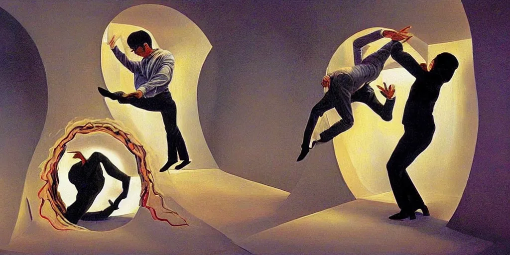 Prompt: optical illusion painting of a couple dancing in a worm hole, illusionism, mind blow, by leandro erlich and salvador dali, detailed