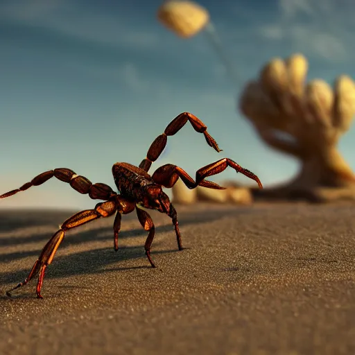 Prompt: a scorpion sitting on top of a sandy beach, a computer rendering by ed binkley, polycount contest winner, vanitas, rendered in unreal engine, # screenshotsaturday, unreal engine 5