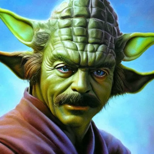 Prompt: ultra realistic portrait painting of tom selleck as yoda, art by frank frazetta, 4 k, ultra realistic, highly detailed, epic lighting