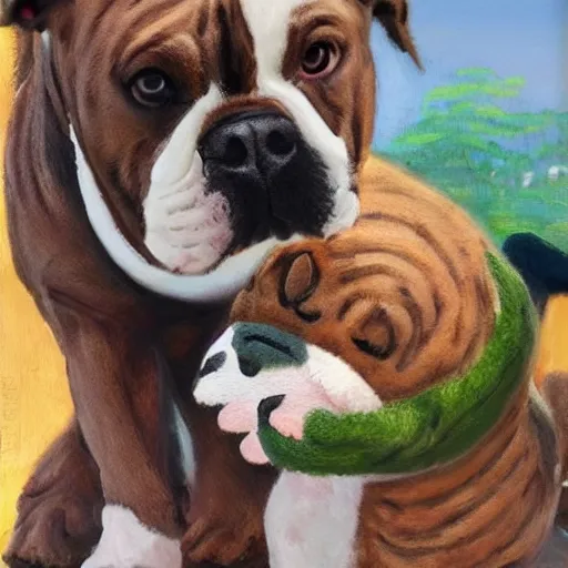 Prompt: pitbull bulldog mix with brindle coat and white paws and white chest playing with a dinosaur plushie. oil painting. impressionist. sunny day.