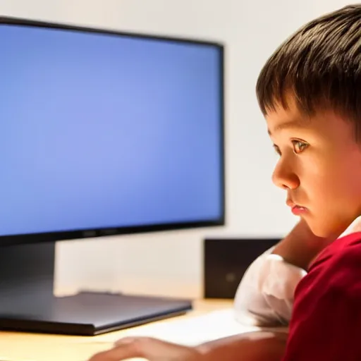 Image similar to a kid with eyes bulging staring at a bright computer screen at night playing minecraft