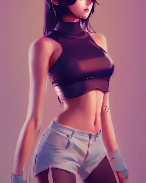 Image similar to a beautiful model in crop top, by guweiz and wlop and ilya kuvshinov and artgerm, symmetrical eyes, aesthetic, gorgeous, stunning, alluring, attractive, artstation, deviantart, pinterest, digital art