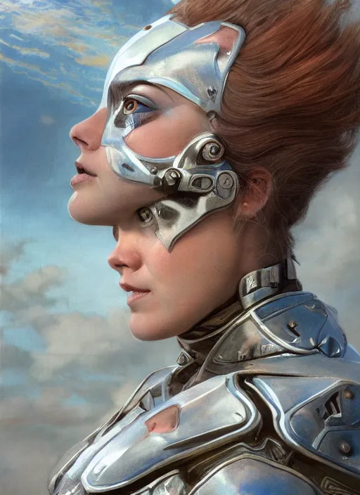 Prompt: symmetry! closeup portrait of a beautiful biblical diabolical agile girl, in reflective porcelain cyborg armor, in clouds, cinematic studio light! windy, sunrise, by gerald brom, by mikhail vrubel, by peter elson, high contrast, muted colors, extreme detail, trending on artstation, 8 k