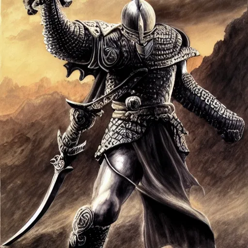 Prompt: a knight with a large sword, digital painting masterpiece by kentaro miura and frank frazetta, hyper detailed, realism, gorgeous, beautiful, 4 k manga wallpaper, inspired by berserk