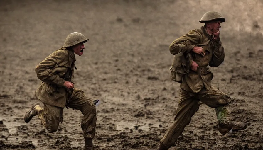 Image similar to screaming World War 1 soldier running away, wartorn landscape, lots of mud puddles and craters, bullets whizzing past camera, atmospheric, dirty lens, cinematic lighting, IMAX close-up of face, cinematography, 35mm