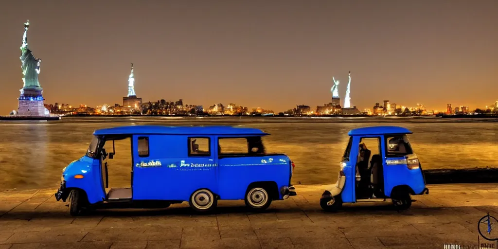 Image similar to a lonely blue tuk tuk with the statue of liberty in the background, night, full color