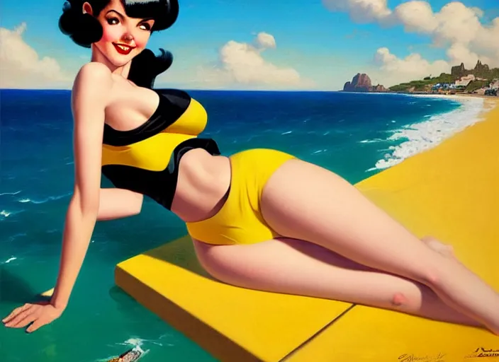 Image similar to the style of the artist gil elvgren, a girl with black hair, overwatch tracer, with a very beautiful symmetrical face, a smile on her face, tanned skin, in a yellow bikini, against the background of a sea beach, in art style, high detail, digital painting, hyperrealism