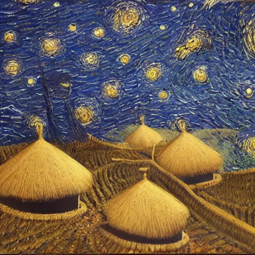 Image similar to Painting by Greg Rudkowski, A large ceramic jar with gold ornaments flies high in the starry night sky above small huts under thatched roofs