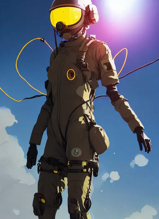 Image similar to portrait of pilot girl parachuting behind enemy lines, black sky background, chaotic landscape, illustration concept art anime key visual trending pixiv fanbox by wlop and greg rutkowski and makoto shinkai and studio ghibli and kyoto animation, kaki body suit, wires, halo, short body, yellow oxygen mask and helmet, military gear, grimdark, volumetric lighting