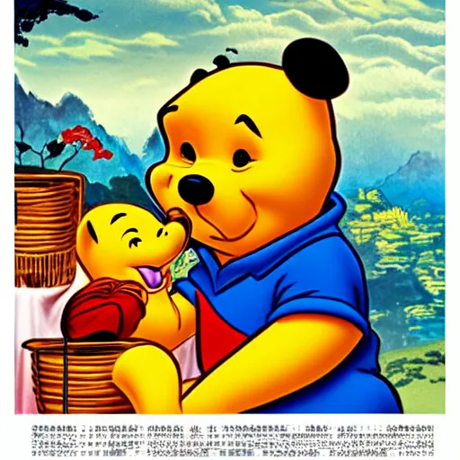 Prompt: Chinese propaganda poster of Winnie the pooh eating honey , high definition, 4k