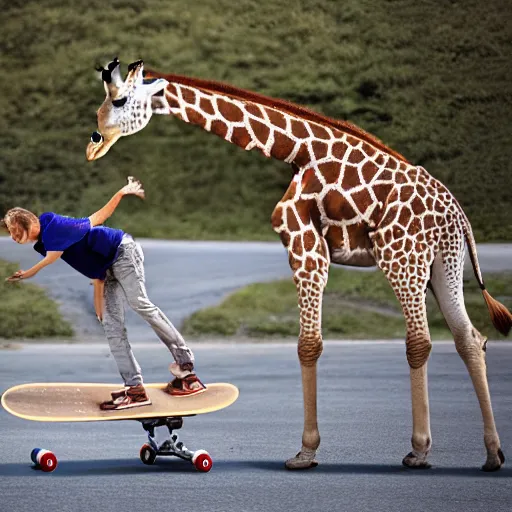 Image similar to giraffe riding a skateboard