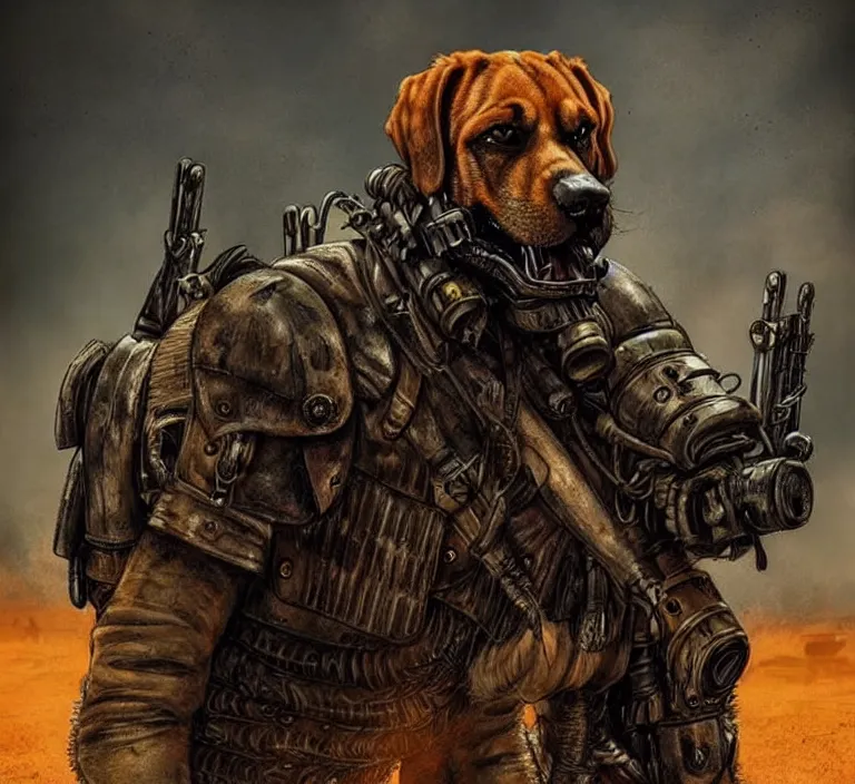 Image similar to a good ol'bloodhound pup fursona ( from the furry fandom ), heavily armed and armored facing down armageddon in a dark and gritty version from the makers of mad max : fury road. witness me.