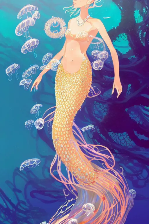 Image similar to a beautiful mermaid queen of the ocean in the middle of coral reefs, pearl and gold and crystal jewelry, complex and shiny dress inspired by jellyfish, by ross tran and atey ghailan, by greg rutkowski, by greg tocchini, by james gilleard, by joe fenton, by kaethe butcher, dynamic lighting, grunge aesthetic