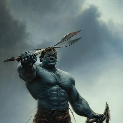 Image similar to artstation concept a midnight blue hulk holding bow and arrow, dusty, hyperdetailed, artstation trending, world renowned artists, worth 1 0 0 0. com, historic artworks society, antique renewel, cgsociety, by greg rutkowski, by gustave dore, deviantart