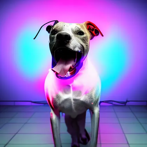 Prompt: an amazing glitch art photo of a cute mad pitbull. glowing neon lights, glitchery, intricate, epic lighting, cinematic composition, hyper realistic, 8 k resolution, unreal engine 5