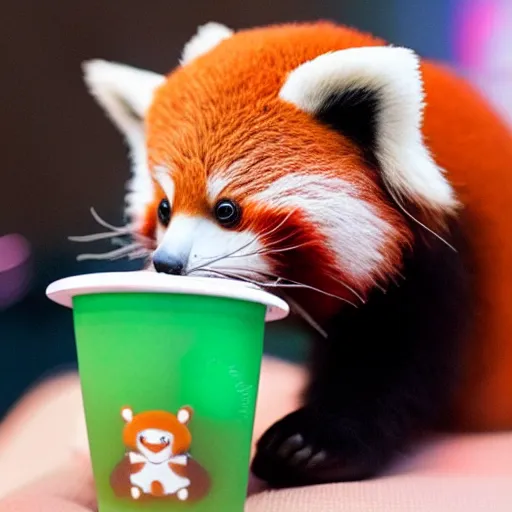 Image similar to A small red panda drinking bubble tea