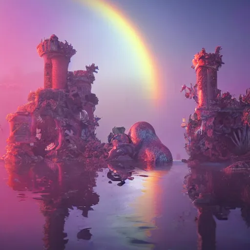 Prompt: soft painting render curiosities skulls tentacles eyeballs reflection refraction gateway portal synthwave ruins ponds alien vegetation, accurate features, focus, very intricate ultrafine details, rainbow lighting, dense fog, award winning masterpiece, octane render 8 k hd, dark fantasy