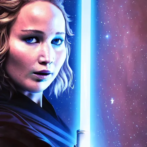 Image similar to jennifer lawrence as a jedi holding up a blue lightsaber, very dark background, official new star wars episode xi movie poster from lucas arts, perfect symmetrical face, full moon, moody lighting, 8 k, shallow depth of field, intricate detail,