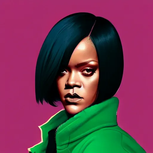 Prompt: Rihanna profile picture by Greg Rutkowski, mod green Bob wig, hooded fur coat, asymmetrical, futuristic, volumetric lights, streetwear, studio ghibli, Organic Painting , Matte Painting, geometric shapes, hard edges, trending on the artstation, fantasy LUT, realistic by Sachin Teng + Martin Grip + Moebius + Patrick Gleason, smooth, sharp focus, illustration, art by John Collier and Albert Aublet and Krenz Cushart and Artem Demura and Alphonse Mucha, techwear, Industrial Scifi, detailed illustration, character portrait,