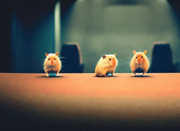 Image similar to hamsters in a cinema, movie still, cinematic, sharp focus, color grading from blade runner 2 0 4 9, cinematic grain, cinematic lighting, 8 k