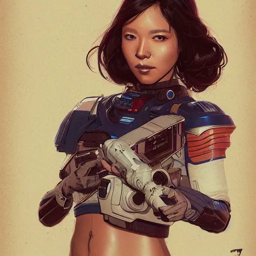 Prompt: a beautiful portrait of a space bounty hunter by frank cho and greg rutkowski trending on artstation
